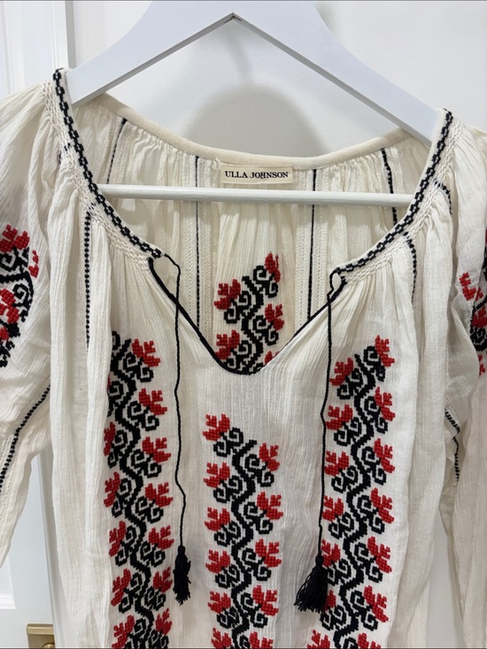 Ulla Johnson Dresses & Skirts - Ulla Johnson Cream Peasant mini drop waist dress with Red & Black Embroidery.
